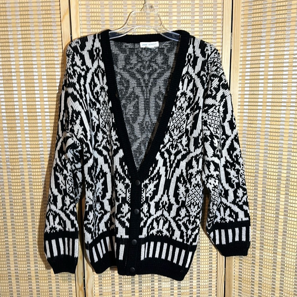 Jamie Scott Vintage 1990s Y2K Black White William Morris Pattern Cardigan Small